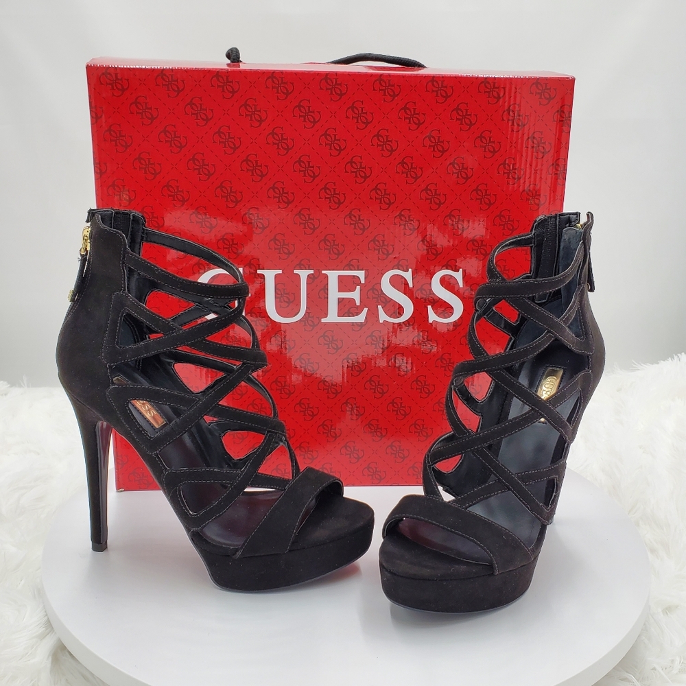 GUESS Women's Black Strappy Platform Heels 5" High Heels Size 6M